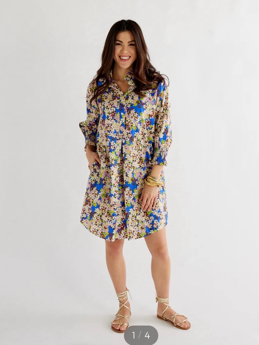Preppy Floral Shirtdress with Stand-Up Collar